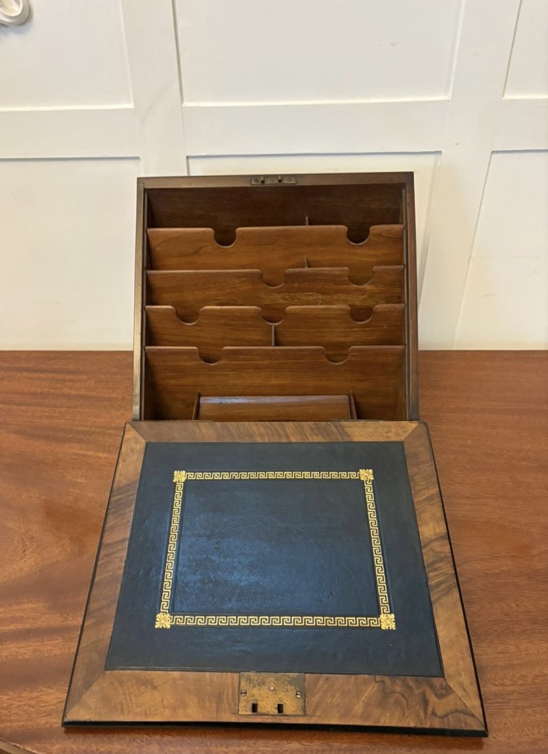 Unusual Antique Victorian Quality Burr Walnut Brass Mounted Stationery Box - Image 6